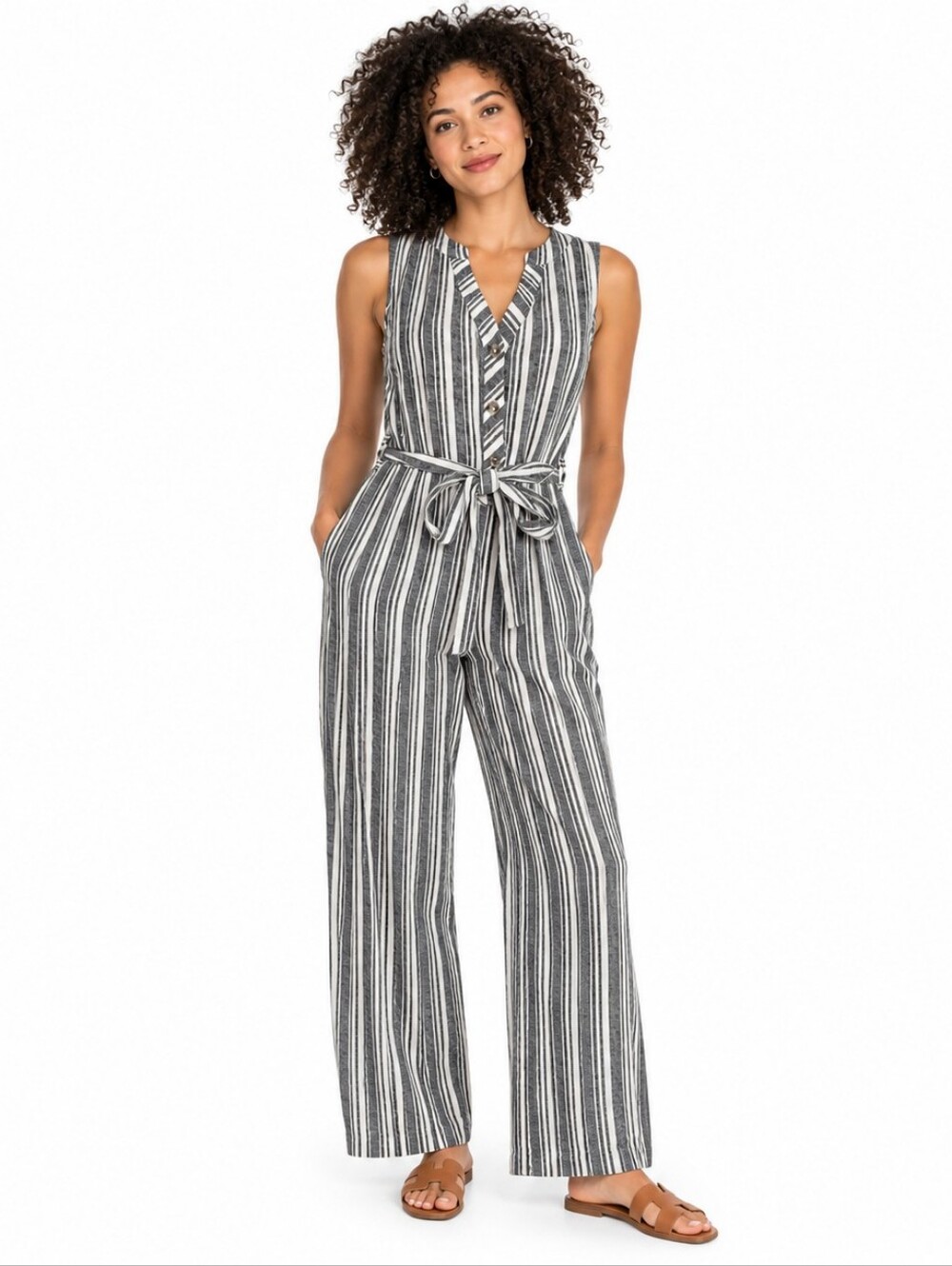 Laundry by Shelli Segal Jumpsuit Size 4 Black Ivory Striped Linen Blend